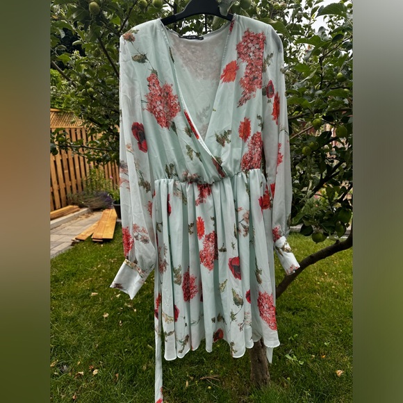JF LEFON Mint Green Floral Long Sleeve Faux Wrap Belted Mini Dress, Sz L - Picture 12 of 16